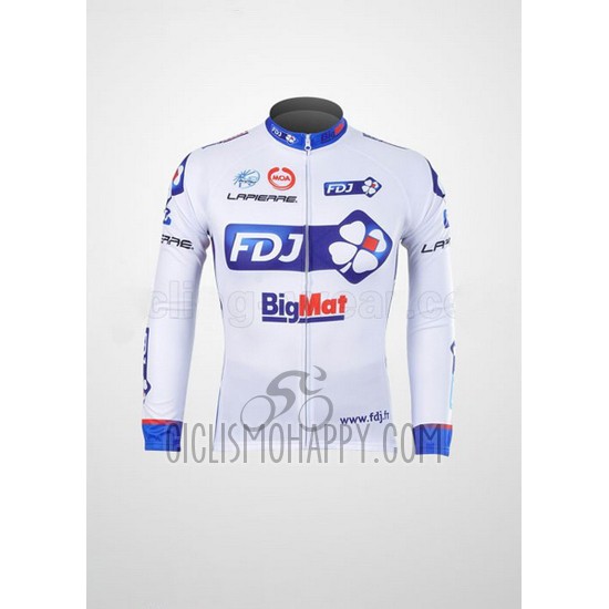FDJ Cycling Jersey Bib Tight 2012 Long Sleeve White and Sky Blue